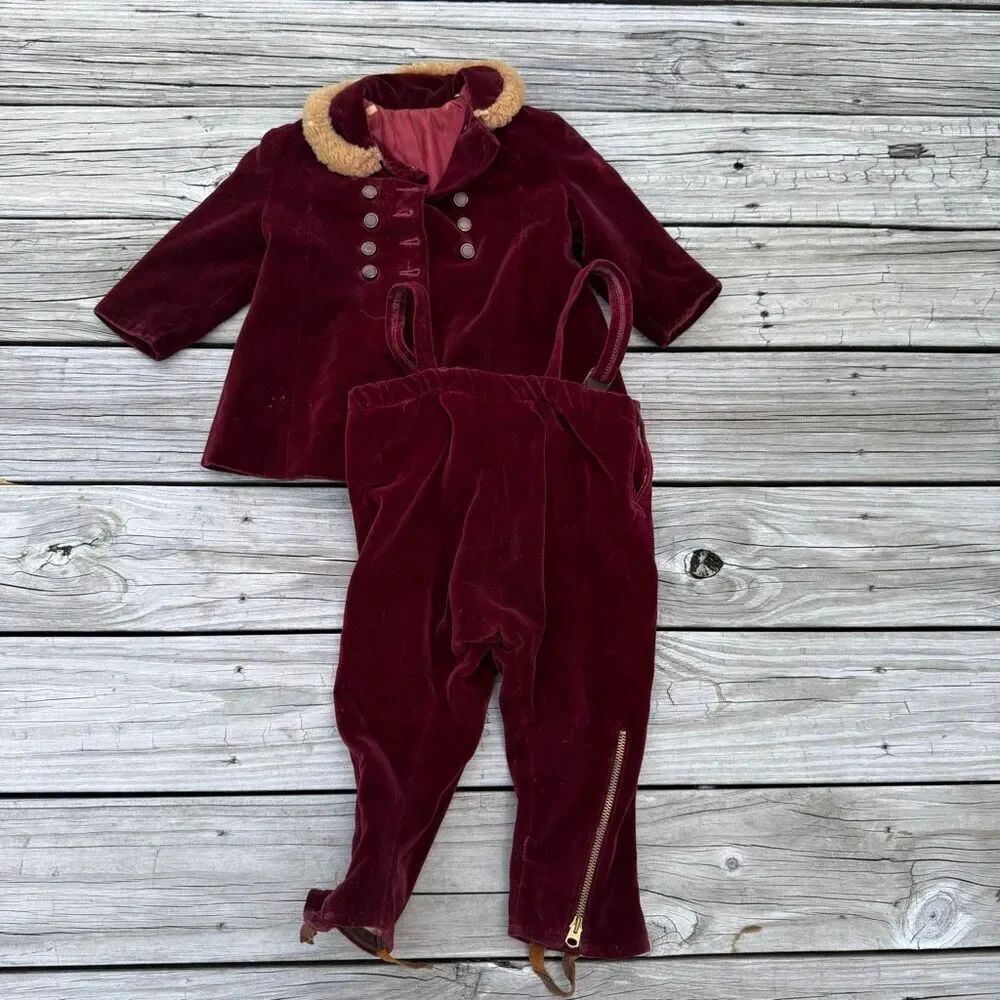 Vintage 1940s Toddler Girls 3 Piece Set Outfit Velvet Burgundy Bundle